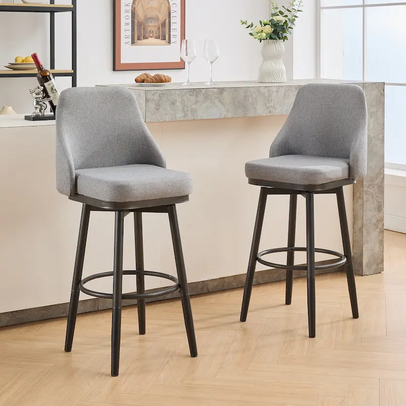 Bar Stools Set of 2 Chenille Adjustable Counter Height Swivel Bar Stools with Back Metal Leg,24 to 29 Inch,Light Gray
