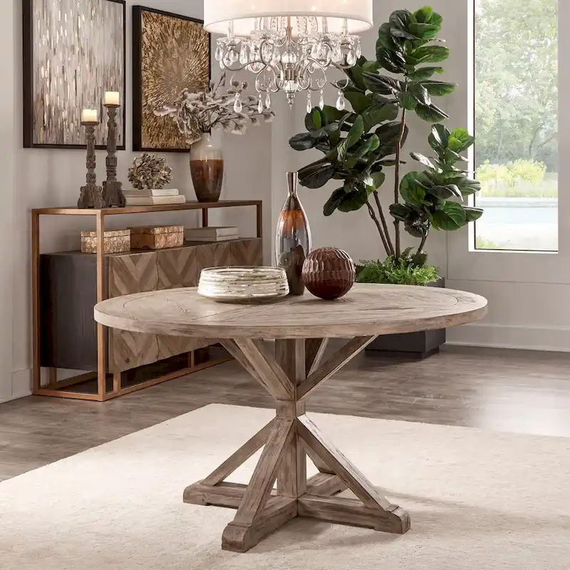 Krakova Rustic X-Base Round Pine Wood Dining Table