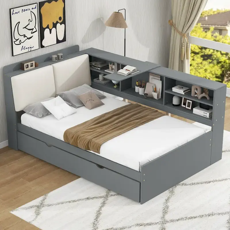 Wooden Storage Daybed Frame, Modern Platform Bed with Trundle & Upholstered Headboard & Shelves, No Box Spring Needed