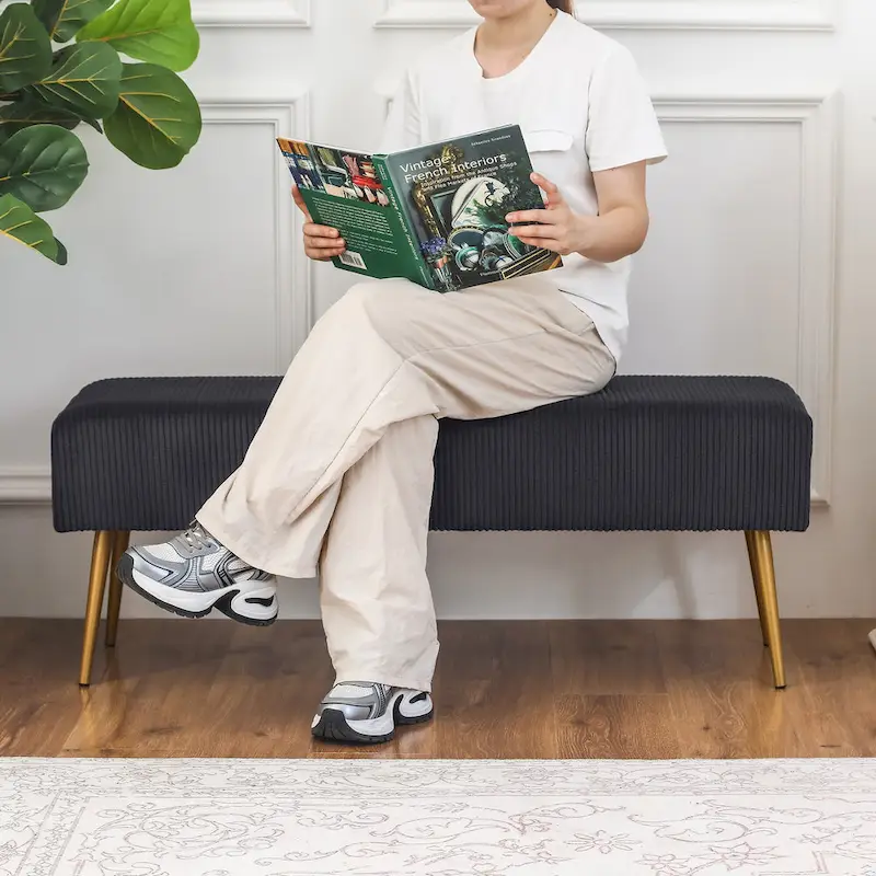 Adeco 43 Inch Velvet Bench Bed End Entryway Bench with Gold Legs