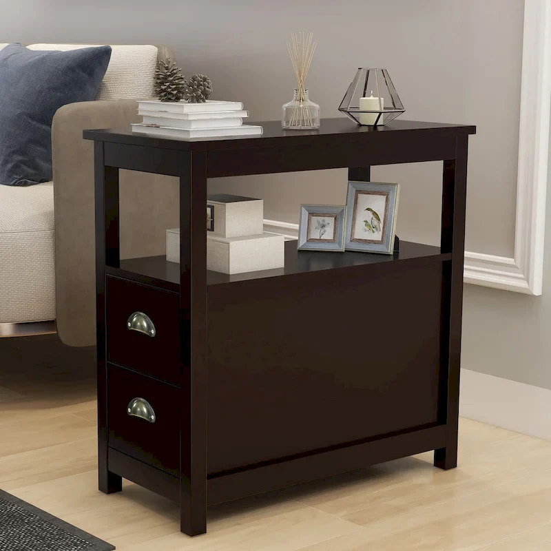 End Table Narrow Nightstand With Two Drawers And Open Shelf-Brown