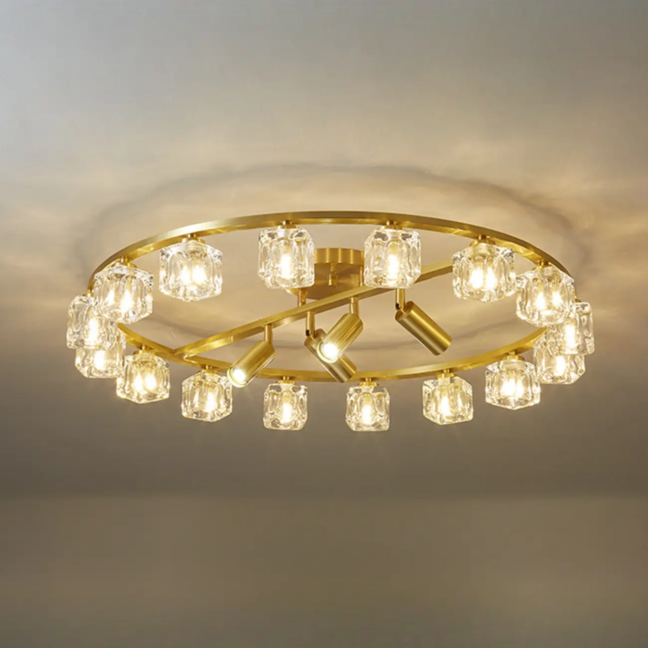 Gold Circle Cube Crystal Semi Flush Ceiling Light with Spotlights