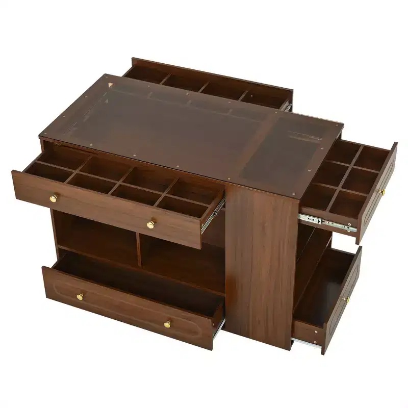 Whisen Closet Island with 6 Drawers, Glass Display Top and Open Shelves, Compartments