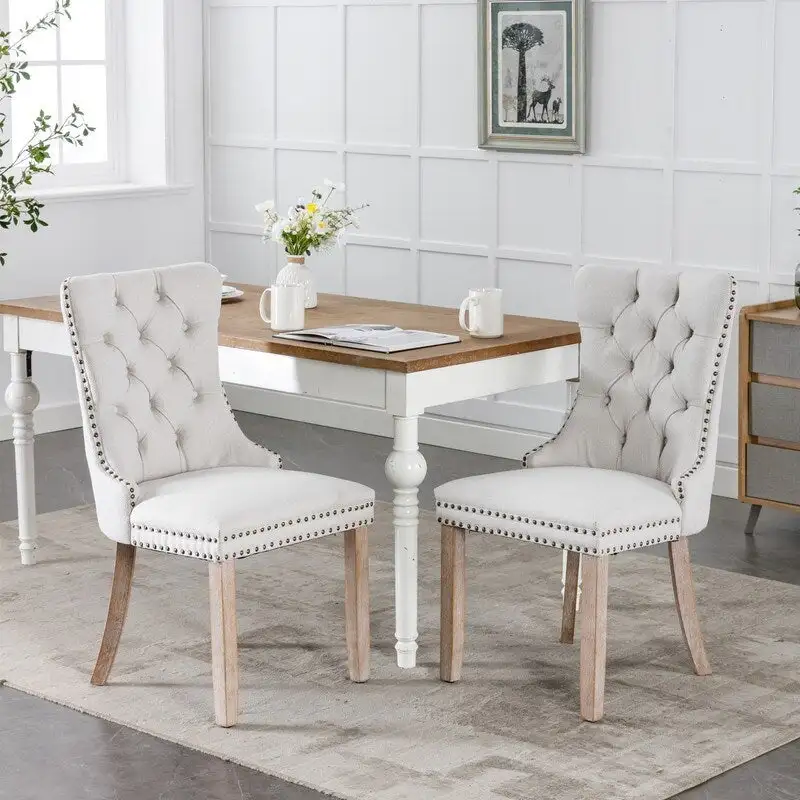 Tufted Upholstered Linen Dining Chair with Solid Wood Legs, Set of 2