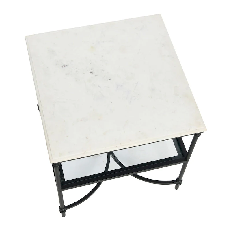 Square Marble Top End Table, Gold/Black & White, Iron Legs, Glass Shelf
