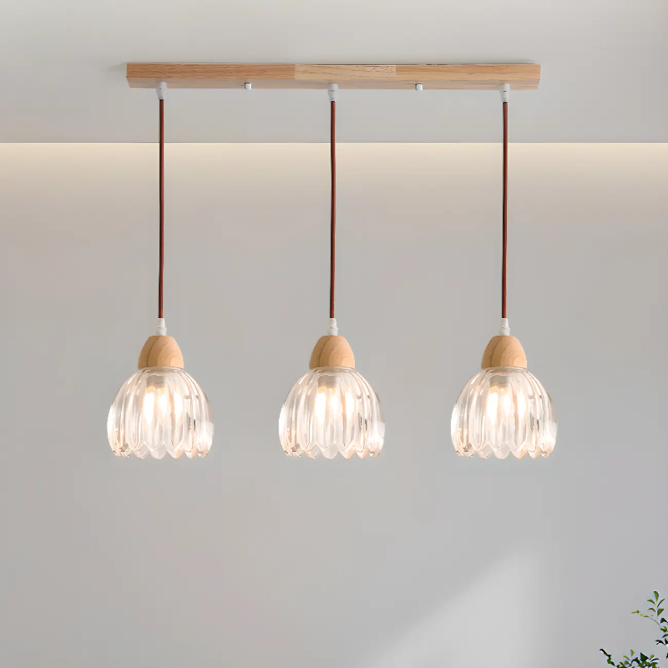 Glass Shade Wood Kitchen Island Pendant Light Adjustable Length