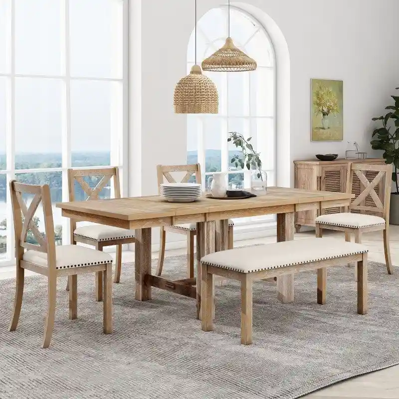 6-Piece Dining Kitchen Table Set, Extendable Wood Dining Table, 4 Upholstered Dining Chairs and Bench, Two 11 Removable Leaf