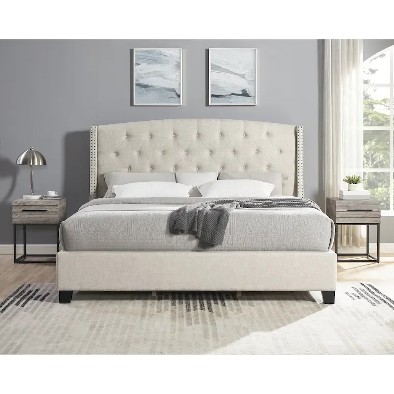 Roundhill Furniture Astral 3-Piece Upholstered Bedroom Set Tufted Wingback Bed with Two Nightstands