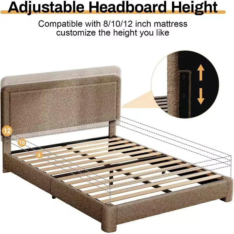 Dyonery Boucle Bed Frame,Black Upholstered Teddy Fabric Bed Frame with Headboard,No Box Spring Required, Adjustable Headboard, Easy Assembly
