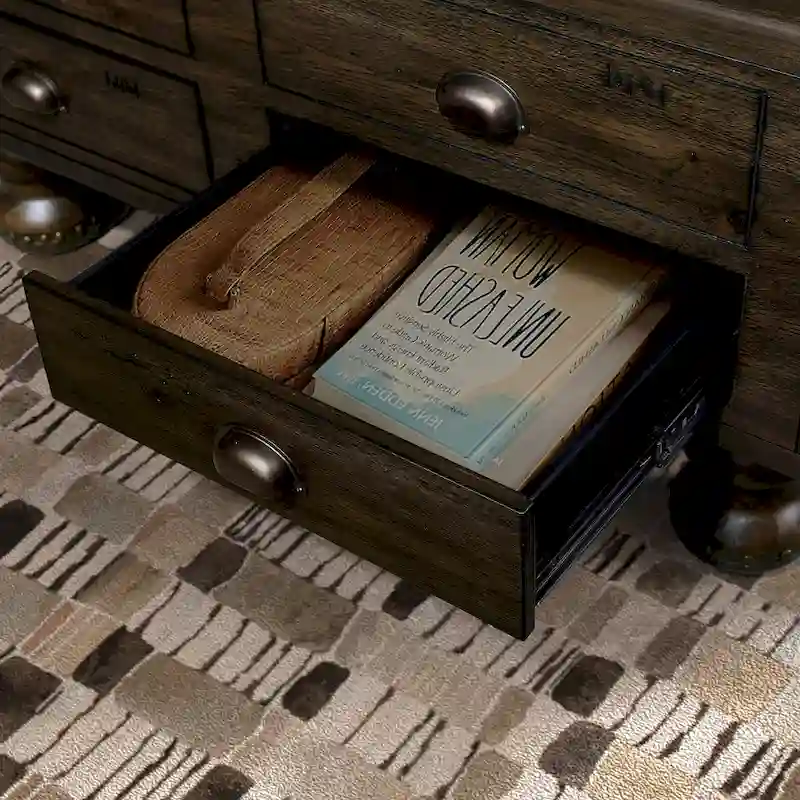 Rectangle Coffee Table, 4 Drawers, Pine Wood & MDF, Oak Veneer, Gourd Legs, 40