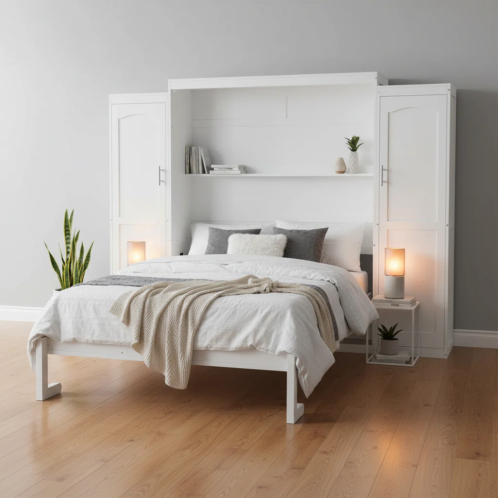 Full Size Murphy Bed with Two Wardrobe and Storage Shelf