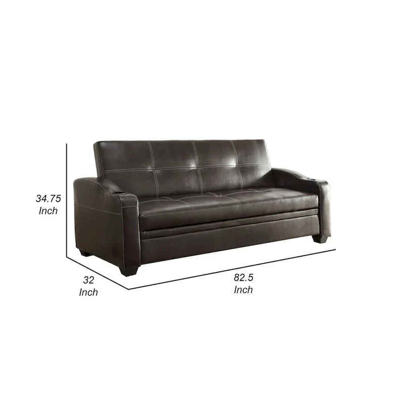 Ferry 83 Inch Lounger Sofa Bed, Tufted Brown Faux Leather, Solid Wood