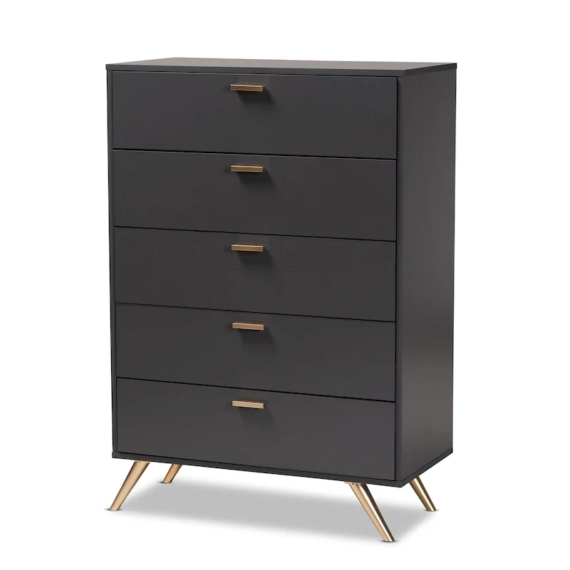 Kelson Modern Dark Grey and Gold Finished Wood 5-Drawer Chest