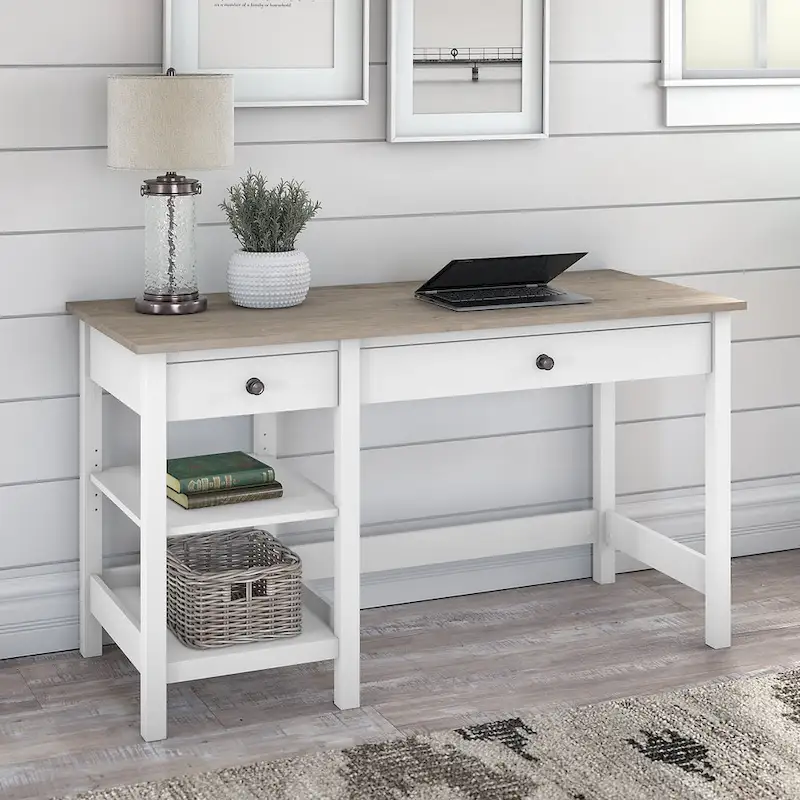 54W Modern Farmhouse Computer Desk with Shelves – 1 Person, Gray/White or Black/Pine