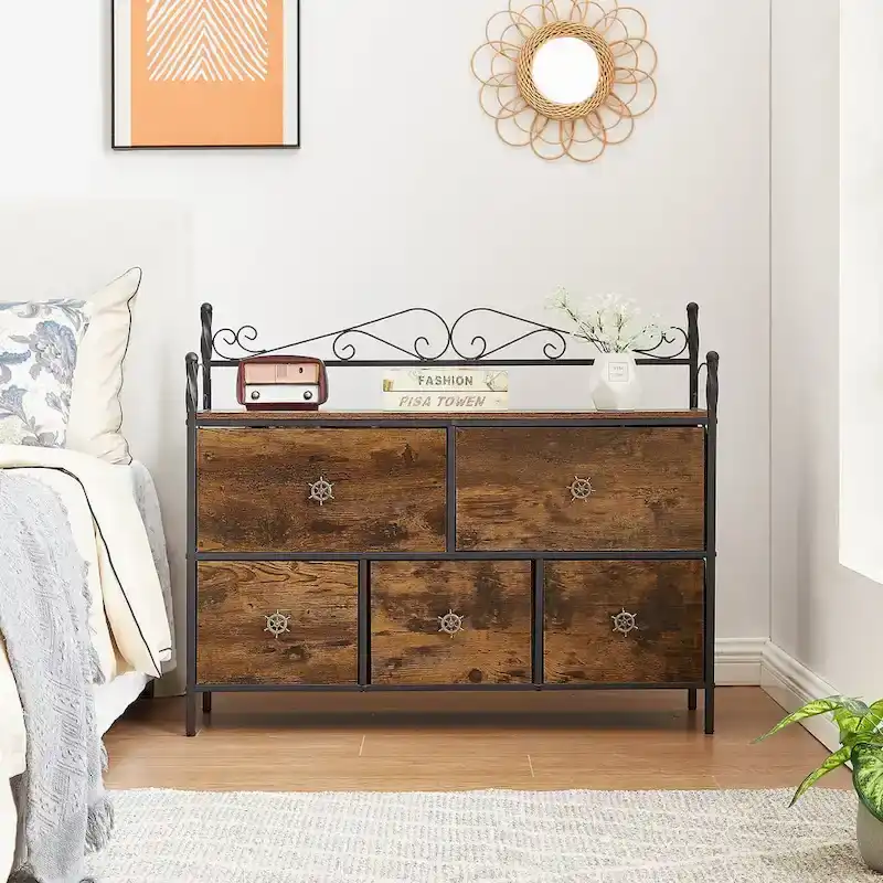 4-Pieces Bedroom Set with Drawer and Nightstands Set of 2, 5-Drawer Dresser, Brown/Grey Set