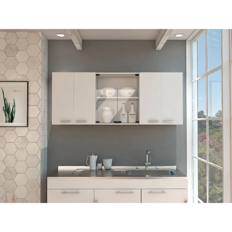 Superior 150 Wall Cabinet with Glass Doors, 2 Double Cabinets, 4 Inner Shelves, Dish Rack and Cup Rack - N/A