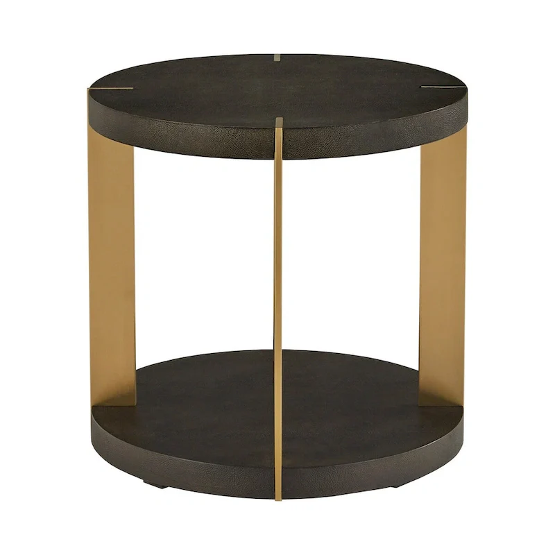 Gold Finish Metal Dark Brown Faux Shagreen Round Table Set
