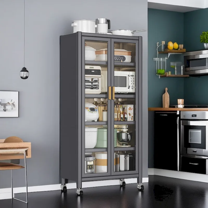 Open-Door Kitchen Shelving Floor-To-Ceiling Multilevel Household Microwave Storage Cabinet Bowls (no include stool)