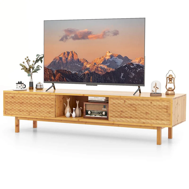 Costway 63 Bamboo TV Stand with 3 Storage Cubes Sliding Doors Mid - See Details