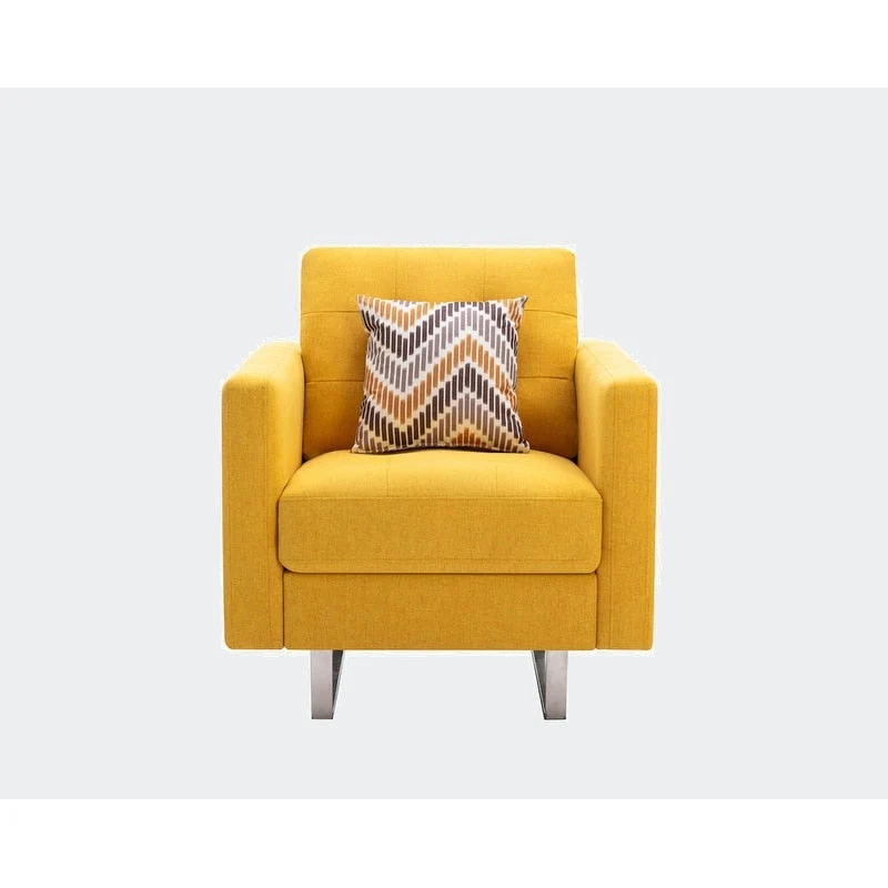 Linen Fabric Armchair with Metal Legs, Side Pockets, and Pillow