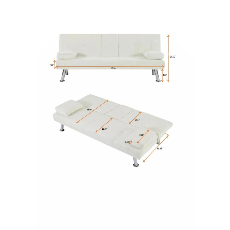 PU Upholstered Modern Convertible Folding Futon Sofa Bed Removable Armrests, Metal Legs, with 2 Cupholders