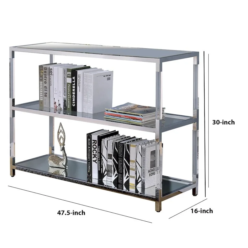 Metal and Glass Sofa Table with 2 Open Shelves, Silver and Clear
