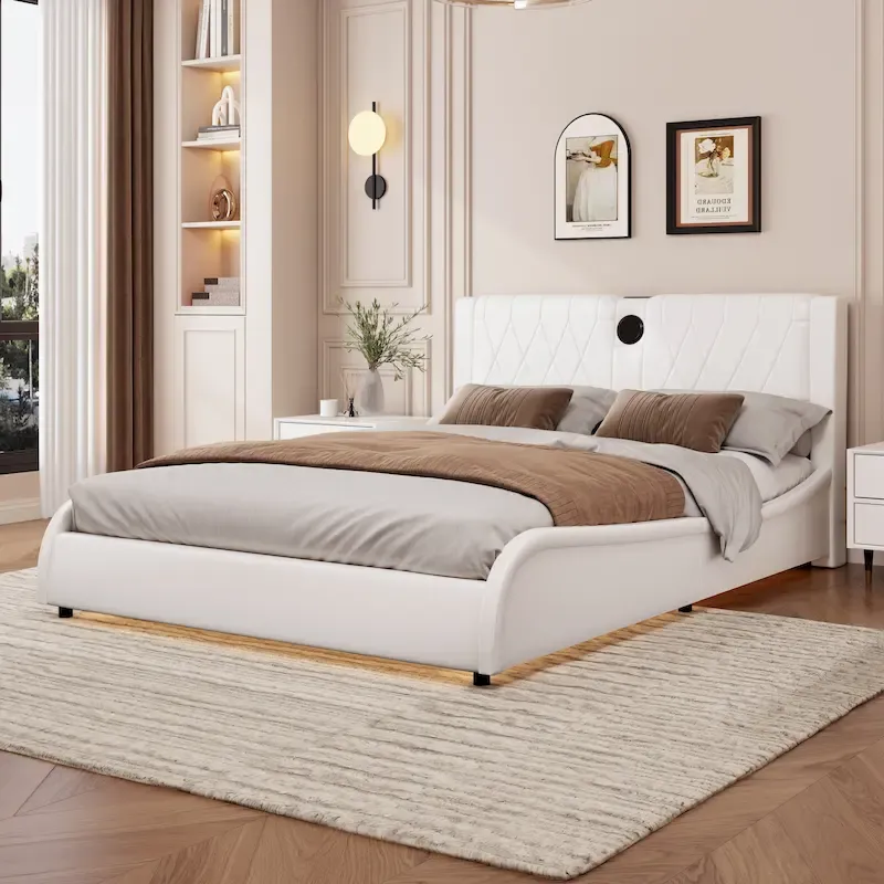 Roomfitters Full/Queen/King Size Platform Bed, Faux Leather Frame, Thick Headboard, Bluetooth Audio, No Box Spring Needed