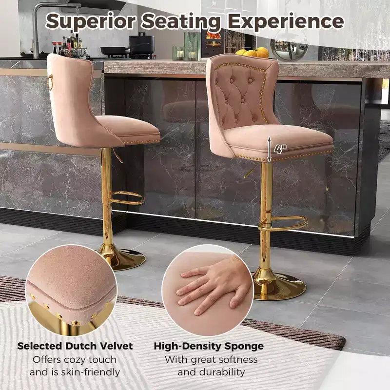 Set of 2 Bar Chairs Dutch Velvet Bar Stool with Footrest Metal Base Anti-Slip Ring Pink/Beige/Grey