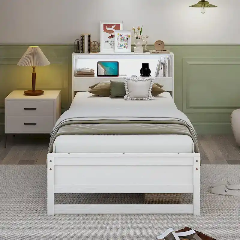 Single Wooden Bed Frame (with Charging Station and LED Lights)