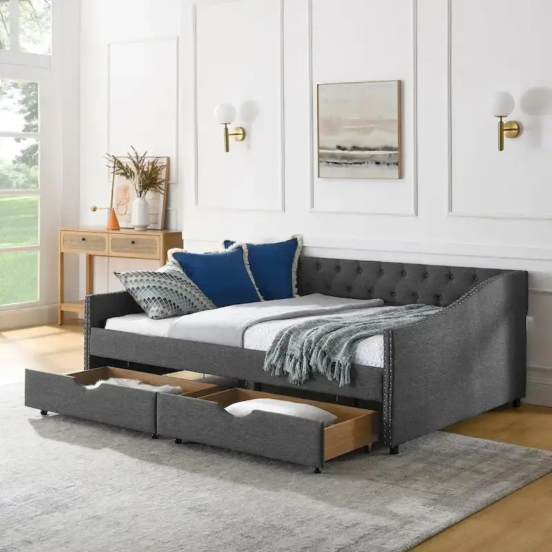 Full Size Daybed with Drawers Upholstered Tufted Sofa Bed, with Button on Back and Copper Nail on Waved Shape Arms