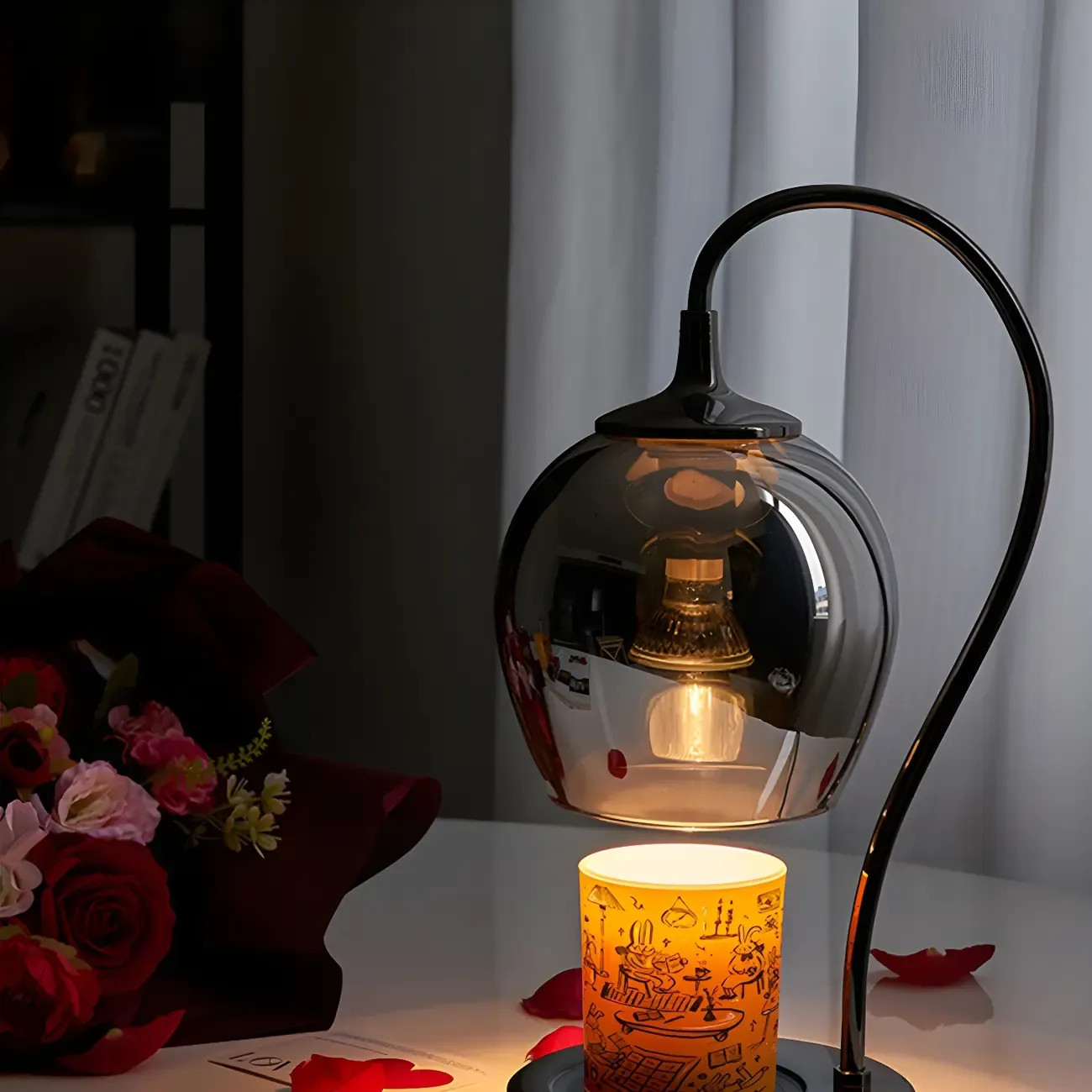 Modern Black Metal Glass Globe Table Lamp with Cup Holder Base