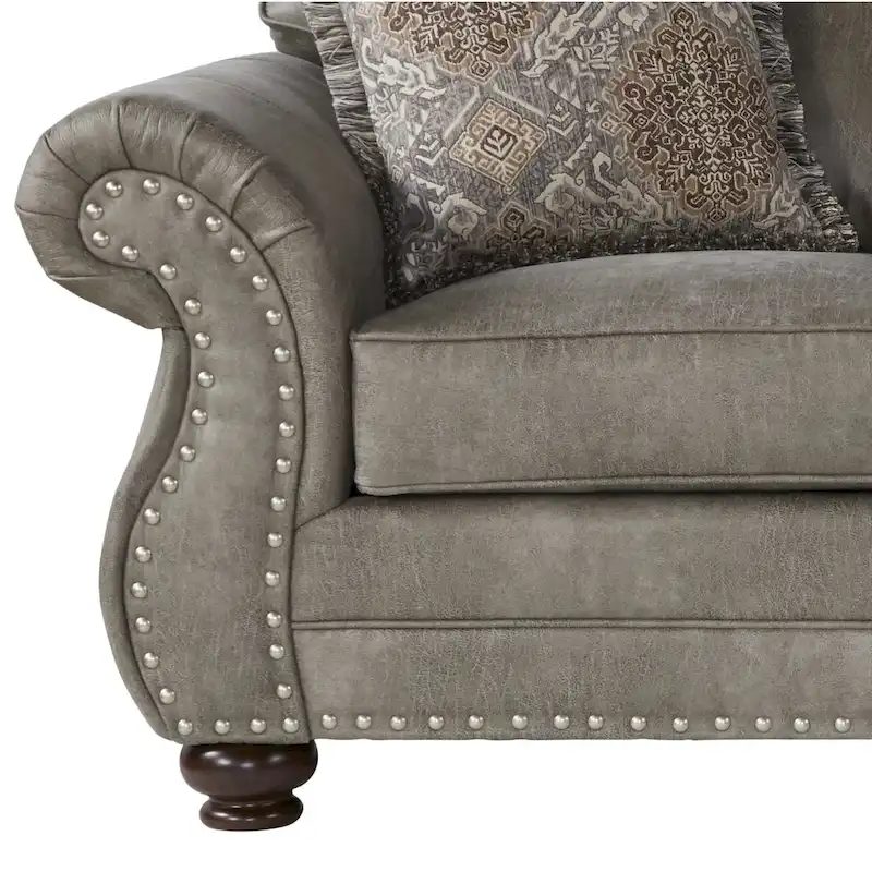 Roundhill Furniture Leinster Faux Leather Upholstered Nailhead Sofa, Loveseat, and Chair Set in Stone Gray