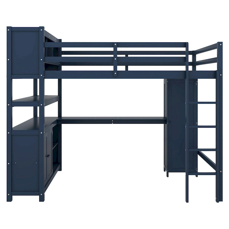 Full Pine Wood Loft Bed with Cabinet & Desk