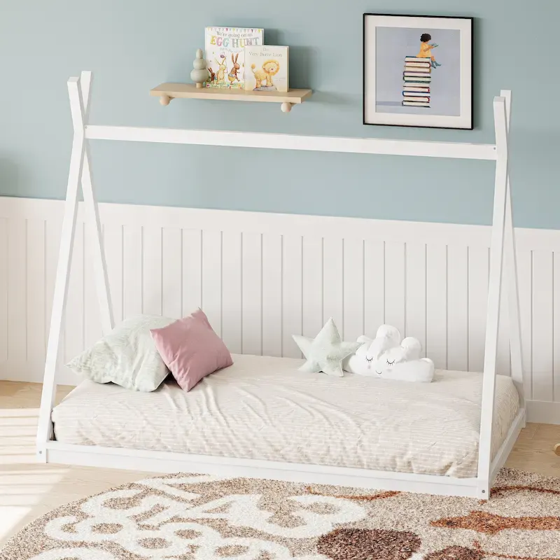 Montessori Wood Twin Tent Bed - Low-Floor House-Shaped Bed Frame for Kids/Teens - Slat-Free Design for Boys & Girls Bedrooms