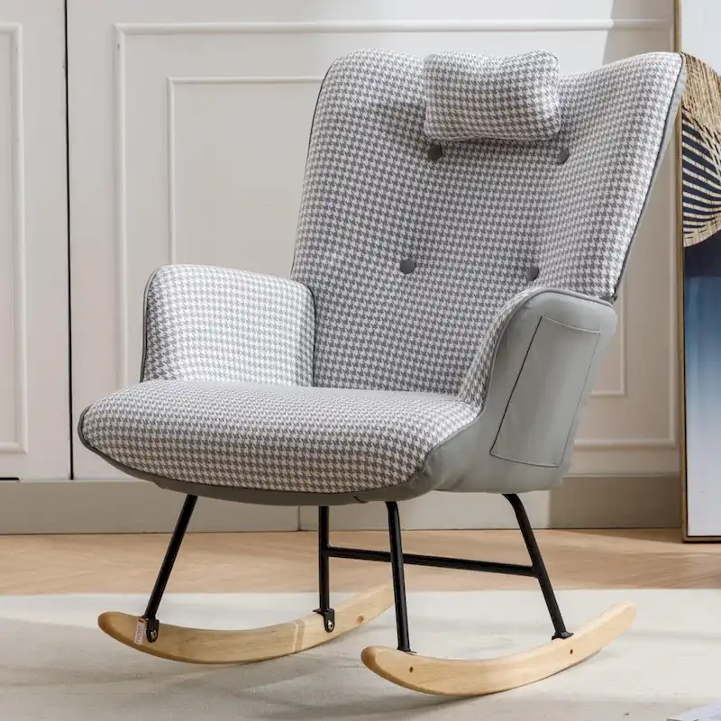 Rocking Chair, Soft Houndstooth Fabric Leather Fabric Rocking Chair for Nursery