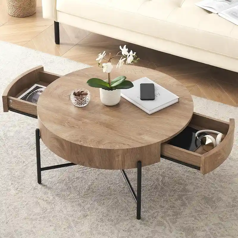 Round Coffee Table with with Two Drawers - Natural