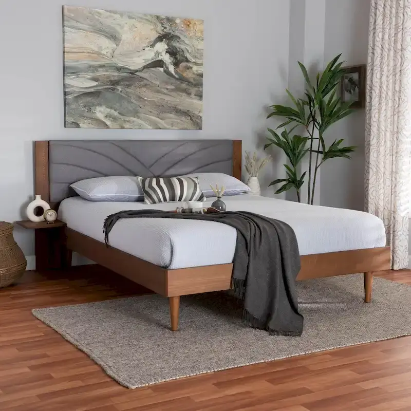 Hemera Mid-Century Modern Grey Fabric and Walnut Brown Wood Queen Size Platform Bed With Floating Side Table