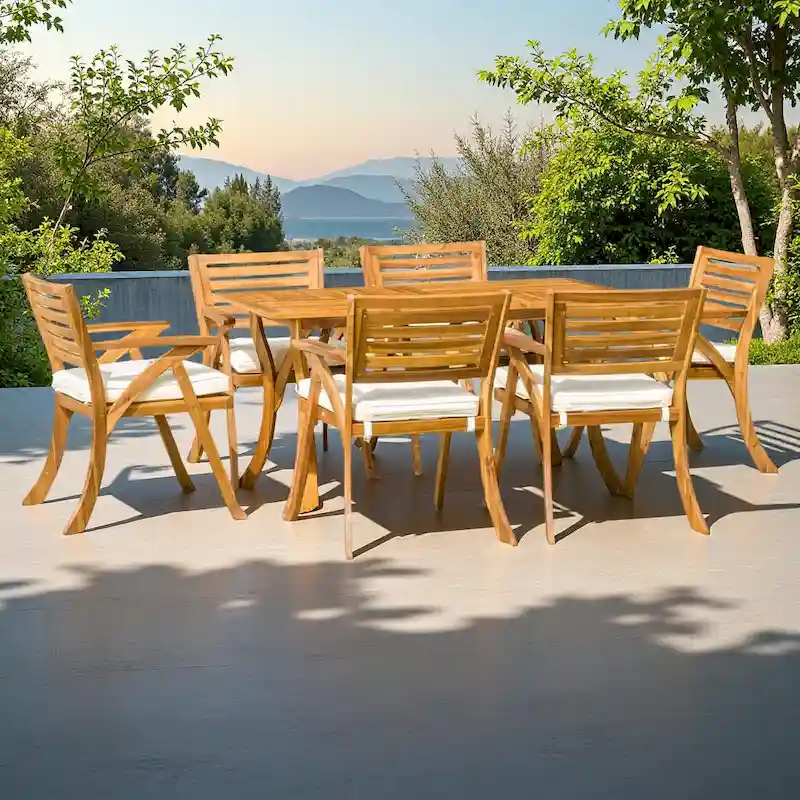 7-Piece Outdoor Acacia Wood Dining Set with Rectangular Table and 6 Cushioned Chair