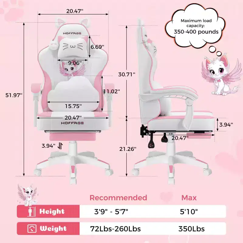 Hoffree Cute Pink Gaming Chair Girls Ergonomic Desk Chair with Footrest & Massage Lumbar