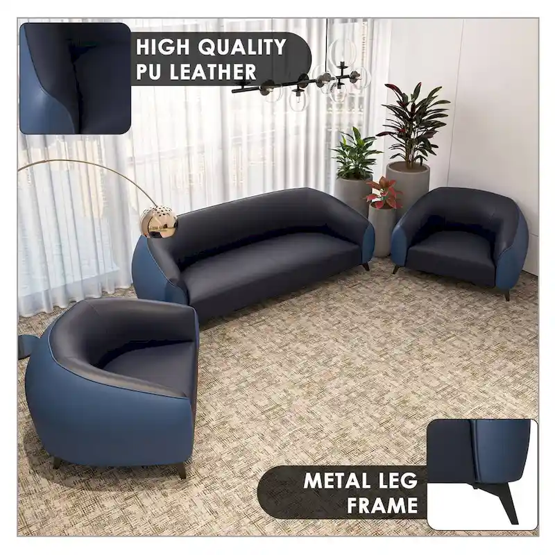 3-Piece Modern Sofa Set with Vegan Leather, Solid Wood Frame, Steel Legs, Foam Cushions for Living Room