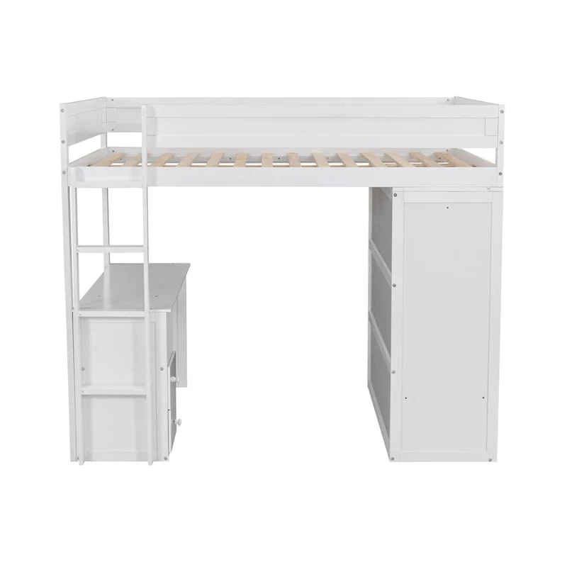White Pine Wood Loft Bed with Wardrobes, 2-Drawer Desk, and Cabinet, Full-Length Guardrail