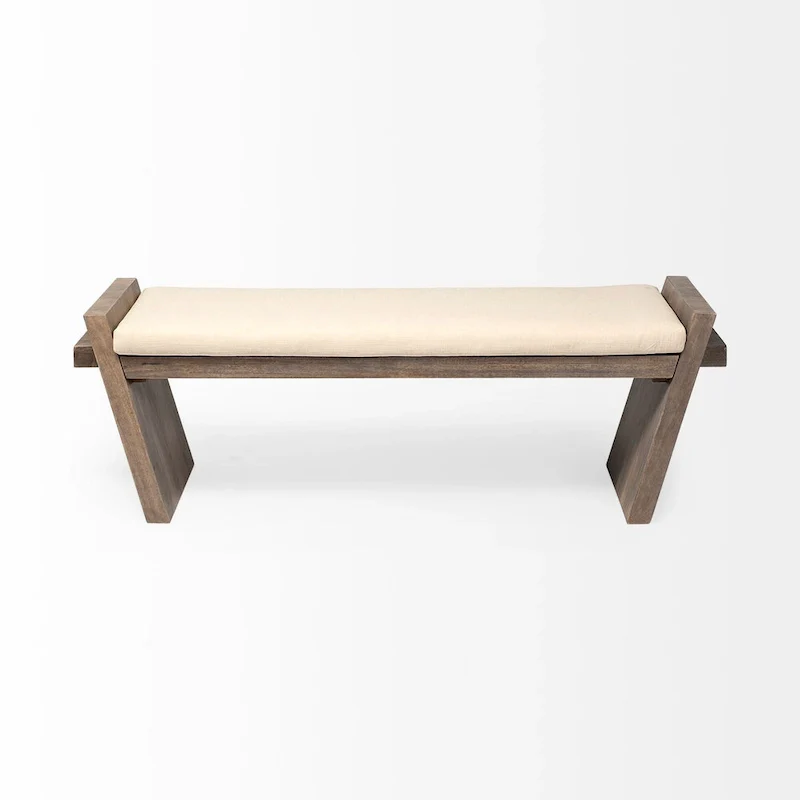 Elaine I Cream Fabric Seat w/ Brown Wood Entryway Bench - 58W x 15D x 20H