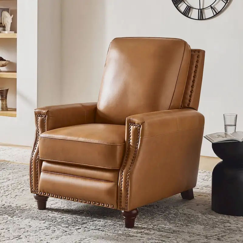 Cigar Mid-century Modern Genuine Leather Recliner with Nailhead Trim by HULALA HOME