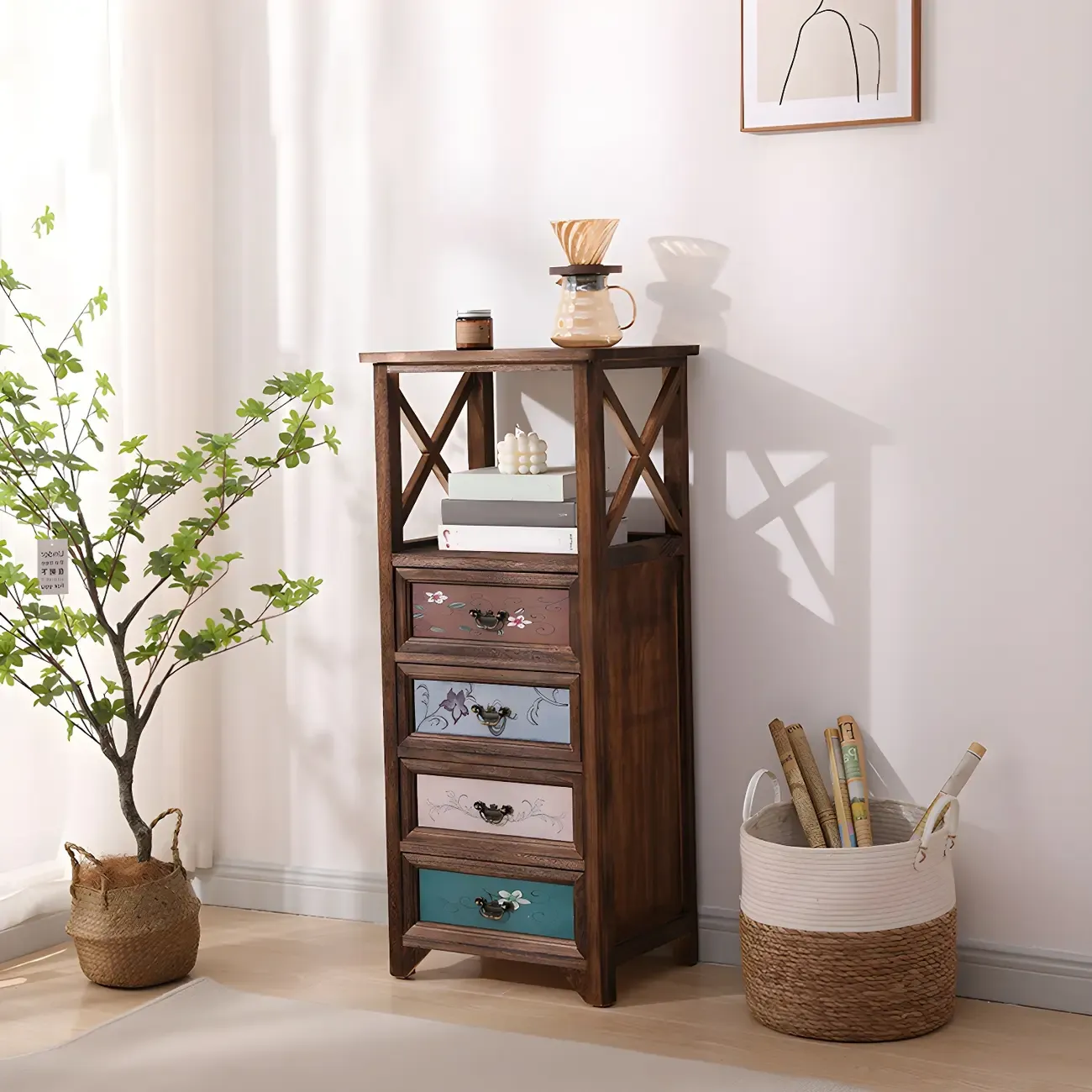 Industrial Rectangular Brown Wooden Drawer Cabinet