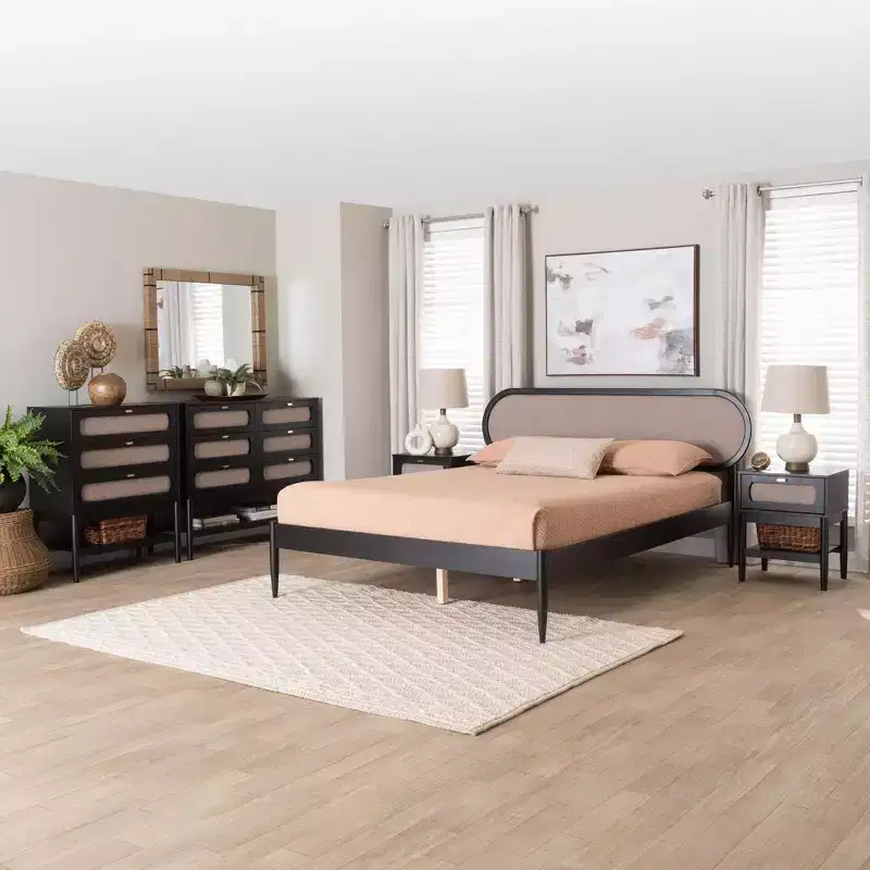 Baxton Studio Shirin Mid-Century Beige Fabric and Black Wood Queen 5-Piece Bedroom Set