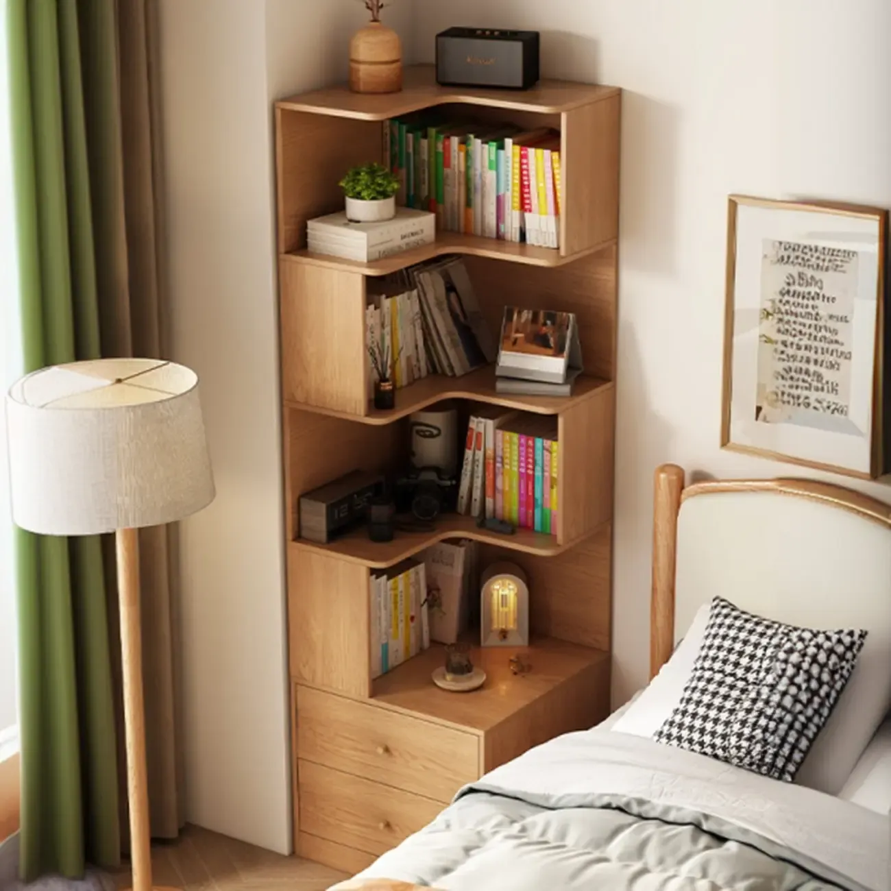 Modern Sepia Timber Corner Bookcase with 2 Drawers