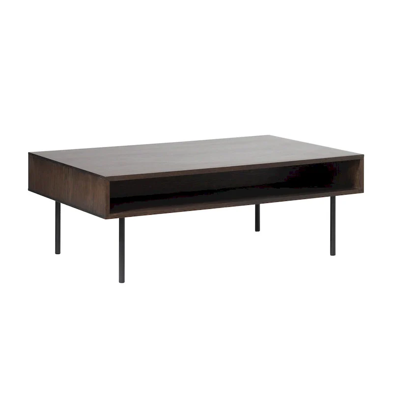 Modern Coffee Table - Espresso Oak Veneer, 2 Drawers, Matte Black Metal Base, 46W x 16.5H