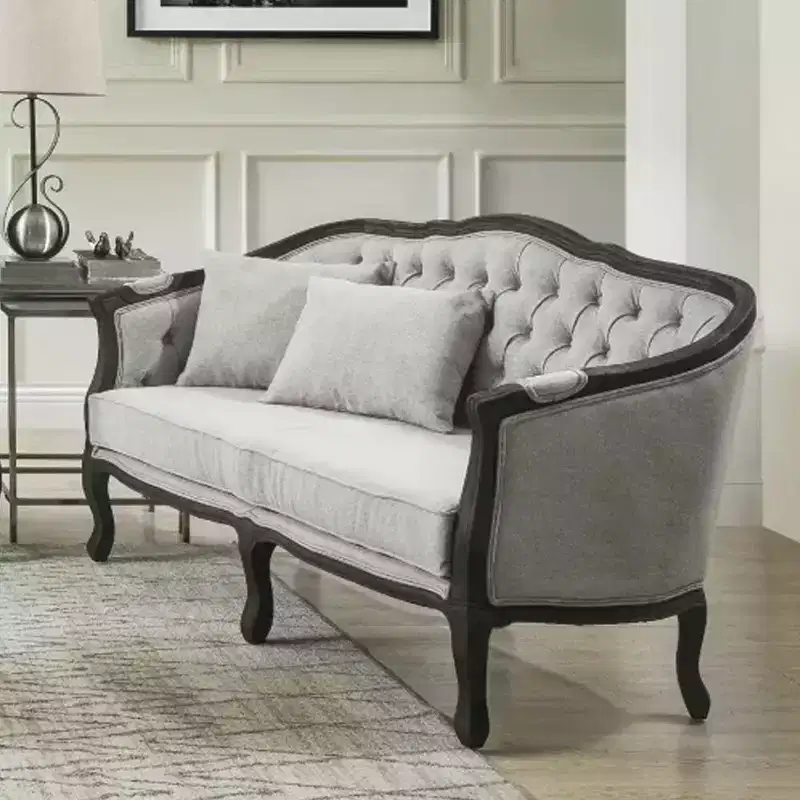 64" Samael Sofa Gray Linen, Dark Brown Finish, Carved Wood - Acme Furniture: Vintage French Design, No Assembly Required