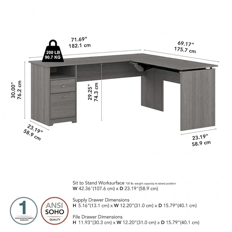 72W 3-position L-shaped Sit to Stand Desk by Bush Furniture