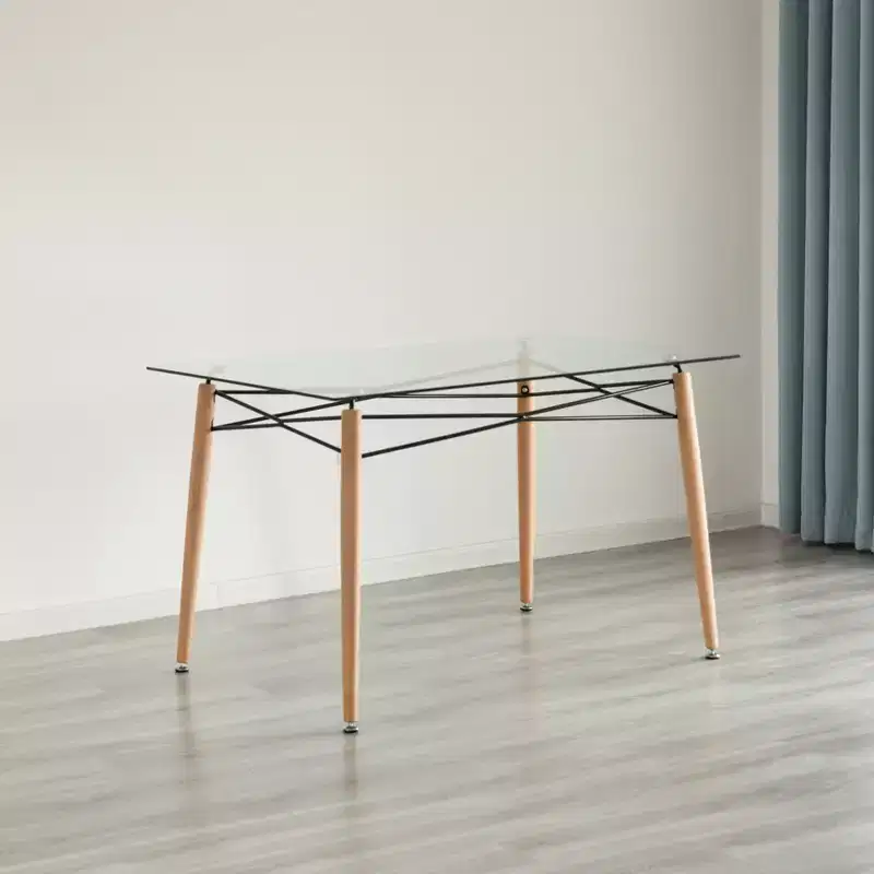 Fabulaxe Rectangle Clear Glass Top Accent Dining Table with 4 Beech Metal Frame Solid Wood Legs | Modern Space Saving Small Leisure Tea Desk